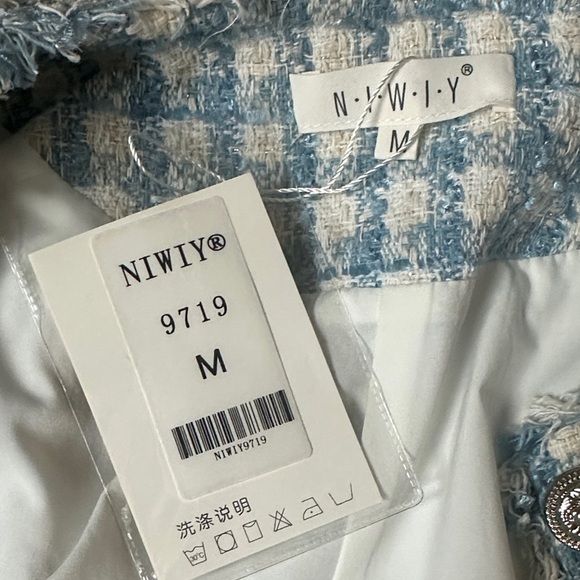 NIWIY Blue White Tweed Bouclé Blazer Jacket Size M - Picture 2 of 6